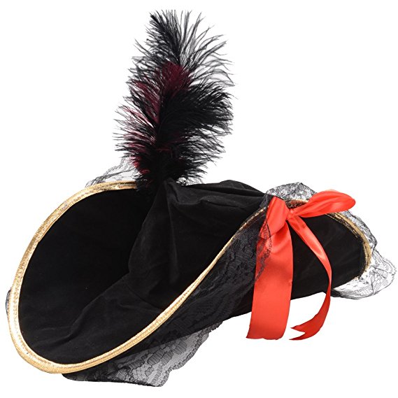 Ladies High Quality Deluxe Pirate Bucanneer Captain Fancy Dress Hat W/ Feather