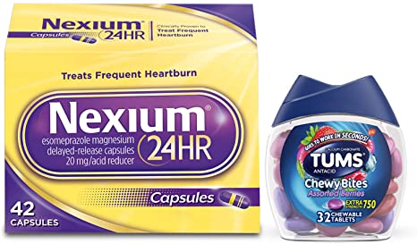 Nexium 24HR Capsules Heartburn Medication 42 ct, Tums Chewy Bites Assorted Berries Chewable Antacid Tablets 32 ct Bundle
