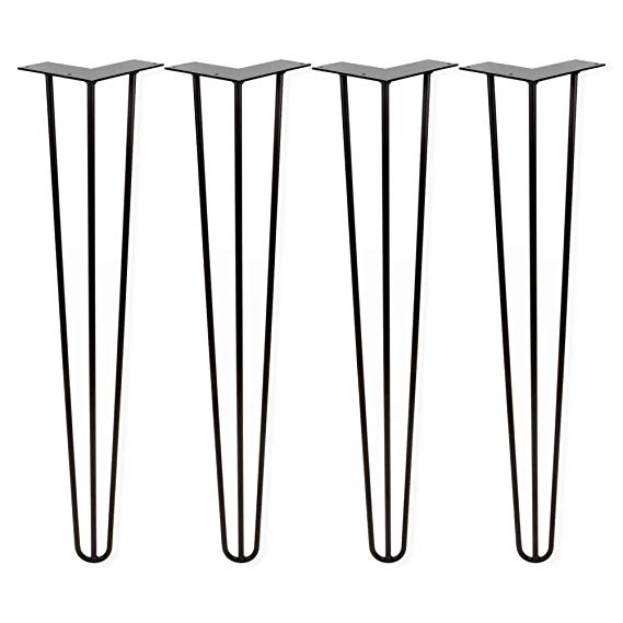 Hairpin Legs Set of 4 - Cold Rolled Steel - Raw and Color Available - Made in The USA (4" Tall, 3/8" Diameter - Jet Black Satin Powder Coat- Shipped as Set of 4 Legs)
