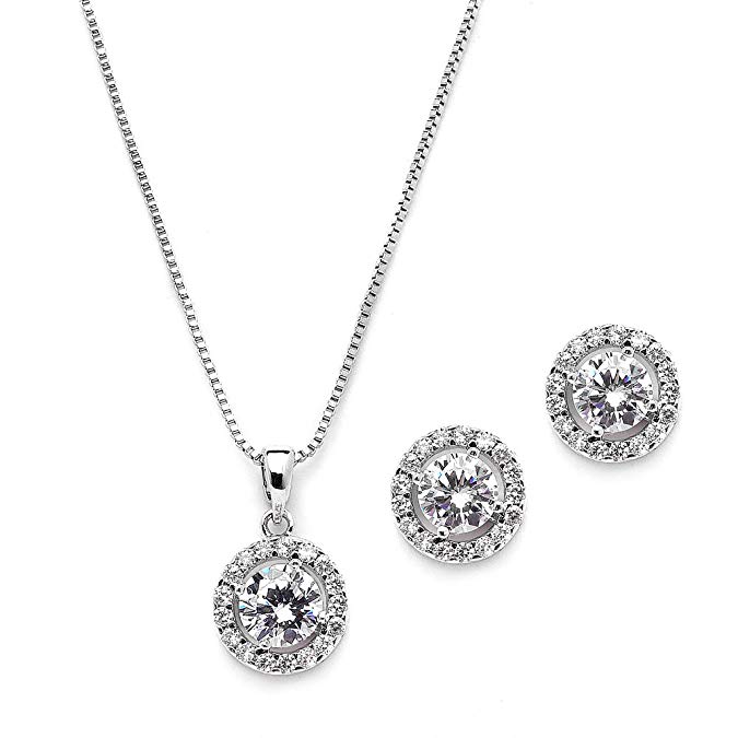 Mariell 10.5mm Cubic Zirconia Round Halo Necklace & Earrings Wedding Jewelry Set for Brides & Bridesmaids