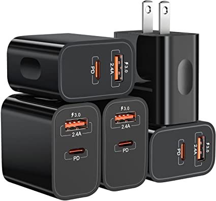 20W USB C Fast Charger Quick Charger 3.0 Wall Charger, Bangfun 5 Pack Dual Port PD Fast Charging Block Power Adapter Compatible iPhone 13/12/11 Pro Max, XR/XS/SE/8/7 Plus, Samsung S21/S10 (Black)