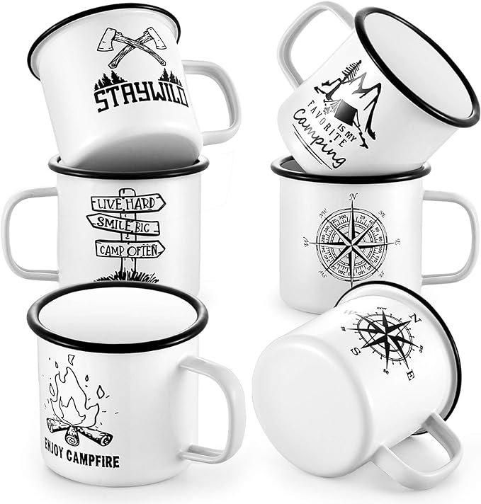 16 Oz Enamel Mug Coffee Cup Set of 6, P&P CHEF Camping Enamel Mug with Patterns & Handle for Tea Soup Milk, Gift for Camp Home Office, Lightweight & Durable