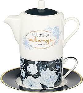 Christian Art Gifts Ceramic Teapot Set Be Joyful Always 1 Thessalonians 5:16 Flowers Tea For One Set with Tea Cup and Saucer For Women