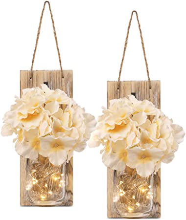 HOMKO Decorative Mason Jar Decorations with 6-Hour Timer LED Fairy Lights and Flowers - Rustic Home Decor (Set of 2)