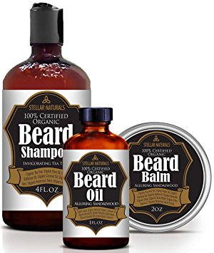 Best Beard Care Kit by Stellar Naturals: 100% Natural and Certified Organic Beard Tea Tree Shampoo, Beard Oil and Beard Balm to Soften, Moist and Cleanse a Healthy Beard and Skin. Great Gift for Men