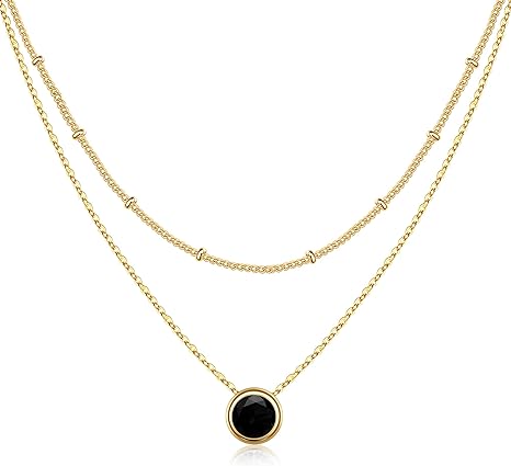 MONOOC Layered Birthstone Necklace for Women, 14K Solid Gold Over Paperclip Chain Necklace Classic Round Pendant Birthstone Necklace Birthstone Jewelry for Women Teen Girl Gifts Birthday Gifts