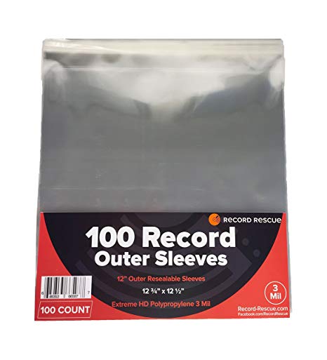 (100) 12" Record Outer Sleeves - Outer Resealable Sleeves - Extreme HD Poly 3 Mil 12 3/4" x 12 1/2" | Record Rescue