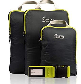 Compression Packing Cubes -Travel Organizer Bags Set of 3   Luggage Strap