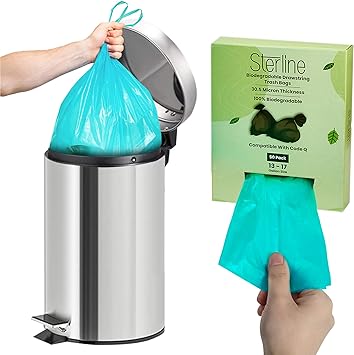 Sterline Biodegradable Trash Bag Code Q - 50 Pack - 13-17 Gallon (50-65L) - Compatible with SimpleHuman - Custom Fit Tall Heavy-Duty Extra Thick Wastebasket Liners, ATSM D6954, 1.2 Mil / 30 Micron