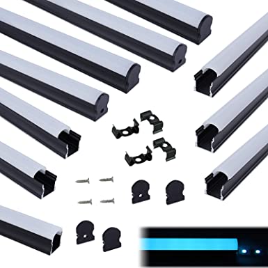 Muzata 10-Pack 6.6ft/2Meter 17x20mm U Shape Spotless Black LED Aluminum Channel System with 60° Curved Plexiglass Milky White Neon Effect Cover Diffuser, U108 2M BW,LN1