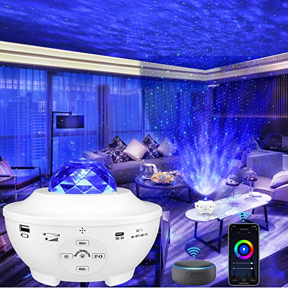 LBell Galaxy Projector 3 in 1 Smart Star Projector Sky Lite with Alexa，Google Assistant for Baby Kids Bedroom/Game Rooms/Home Theatre/Night Light Ambiance with Bluetooth Music Speaker（White）