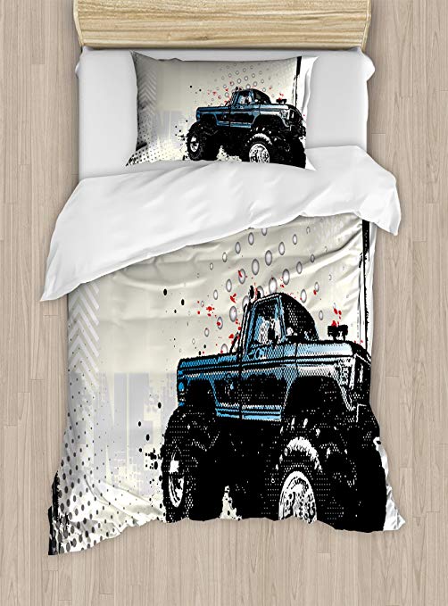 Ambesonne Truck Duvet Cover Set Twin Size, Halftone Pattern Background with Color Splashed Frame and Monster Truck Motif, Decorative 2 Piece Bedding Set with 1 Pillow Sham, Ivory Blue Black