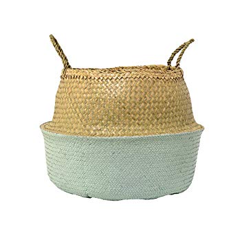 Bloomingville A90901758 Large Beige & Mint Green Collapsible Seagrass Basket with Handles