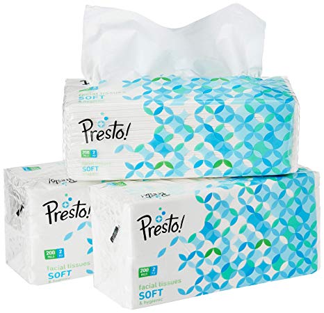 Amazon Brand - Presto! 2 Ply Facial Tissue Soft Poly Pack - 200 Pulls (Pack of 3)