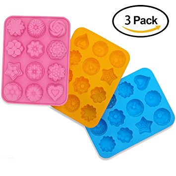 3 Packs Silicone Fondant Cake Molds, ANIN 12-Cavity Flower Shapes Non-Stick Kitchen Baking Pans Ice Cube Trays for Making Candy Chocolate Muffin Cupcake - Pink, Blue, Orange