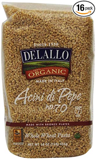DeLallo Organic Whole Wheat Acini di Pepe #70, 16-Ounce Units (Pack of 16)