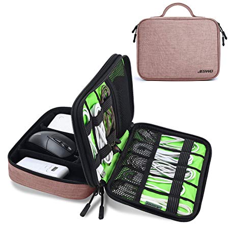 JESWO Electronic Organizer, Travel Cord Organizer, Electronic Accessories Double Layer Travel Organizer Bag for Cables, SD Cards, Hard Drive, Power Bank, iPad Mini (Up to 7.9'') and More -Pink