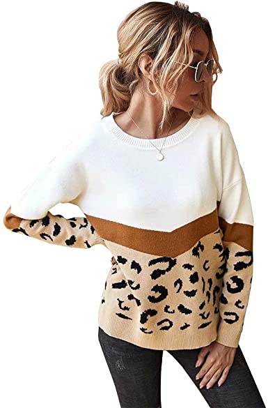 Women's Casual Long Sleeve Sweater for Women Leopard Print Color Sweater Comfy Stripe Round Neck Shirts Tops