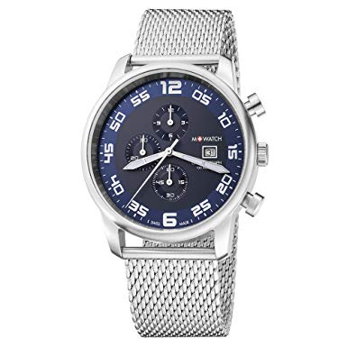 M WATCH Swiss Made Aero Men's Watch, Chronograph with Date, Luminous Hands, Stainless Steel Mesh Strap