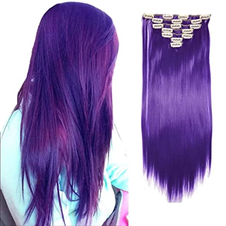 iLUU Dark Purple Clip on Hair Extensions 22" 100g Long Straight Smooth Hair Piece 7pcs Full Head Thick Heat Resistent Fiber Synthetic Clip in Hair Extension with 16 Clips #2410-Dark Purple
