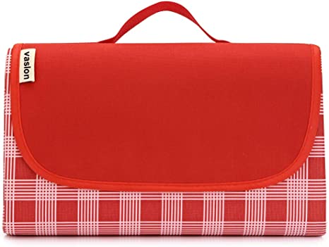 VASLON Extra Large Outdoor Waterproof Sandproof Foldable Picnic Blanket Tote 58" x 79" for Family Concerts,Beach, Hiking,Party,Camping on Grass Sandproof Water-Resistant Handy Picnic Mat Tote (RG)