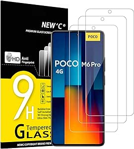 NEW'C 3 Piezas, Protector Pantalla para Xiaomi Poco M6 Pro 4G (no por 5G), Cristal templado Antiarañazos, Antihuellas, Sin Burbujas, Dureza 9H, 0.33 mm Ultra Transparente, Ultra Resistente