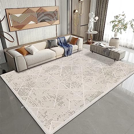 Leesentec Area Rugs Moroccan Geometric Stripe Rug for Living Room Bedroom Floor Mat Washable Rug Soft Non-Slip Carpet Imitation Cashmere Indoor Rugs Home Decor (Ivory, 6'6" x 8'2" Rectangular)