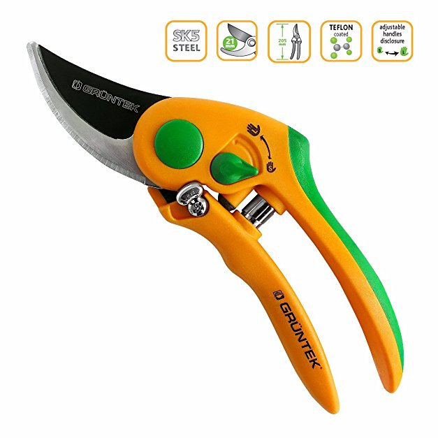 GRÜNTEK Secateurs FLAMINGO, TEFLON coated, pruning shears with ergonomic and carving anti-slip handles, bypass