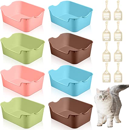 8 Pcs High Sides Cat Litter Box with Scoops Large Open Cat Litter Potty Pans Splash Proof Cat Poop Litter Box Plastic Kitty Tray Washable Cat Toilet for Indoor Pets 16.3 x 12 x 5.9 Inches, 4 Colors