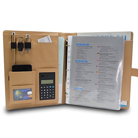 Caleson Business Leather Pad Portfolio with Removable 3-Ring Binder ,Multi-Holder, Calculator and Document Folder.