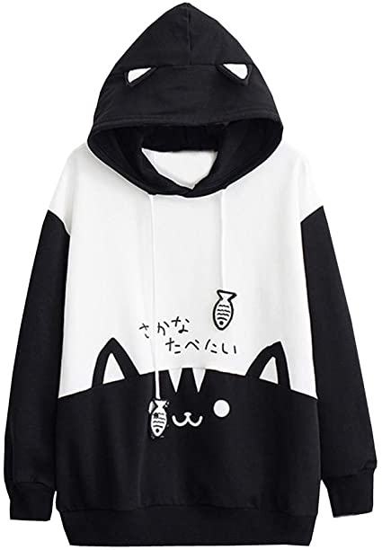 Womens Japanese Kawaii Style Kitty Cat Print Pocket Long Sleeve Thin Hoodie Tops