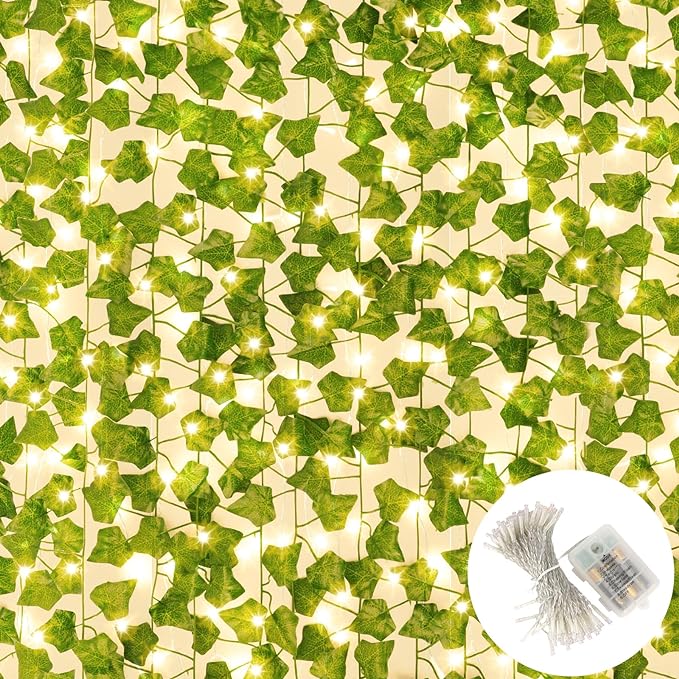 JPSOR 12pcs 84ft Fake Vines with Lights, Fake Ivy Leaves with 100 LED String Lights Artificial Ivy Garland for Bedroom Party Wedding Wall Indoor Outdoor Home Decor