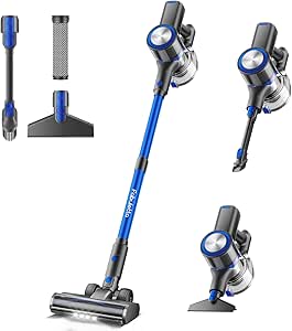 FABULETTA Cordless Vacuum Cleaner for Home, 40Kpa Stick Vacuum with MAX 55Min Detachable Batteries, 8 in 1 Lightweight Vacuum with Brushless Motor for Hardwood Floors & Carpet Pet Hair Car（Black-Blue）