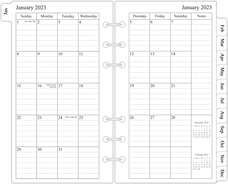 2022-2023 Monthly Planner Refill, 3-3/4" x 6-3/4", Two Page Per Month, July 2022 - December 2023, Personal Size/Size 3