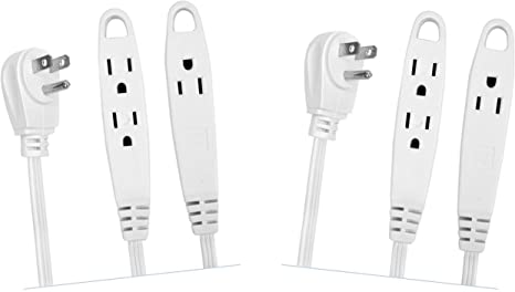 Electes 12 Feet Extension Cord/Wire, 3 Prong Grounded, 3 outlets, Flat Plug, UL Listed, White {2 Pack}