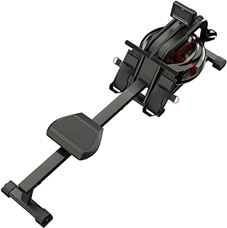 RIF6 Water Rowing Machine – Solid and Silent Rail with Digital Monitor, Water Resistance, and 3 Workout Modes – with Comfortable Seat, Padded Handles, Adjustable Foot Pedals, and Transport Wheels
