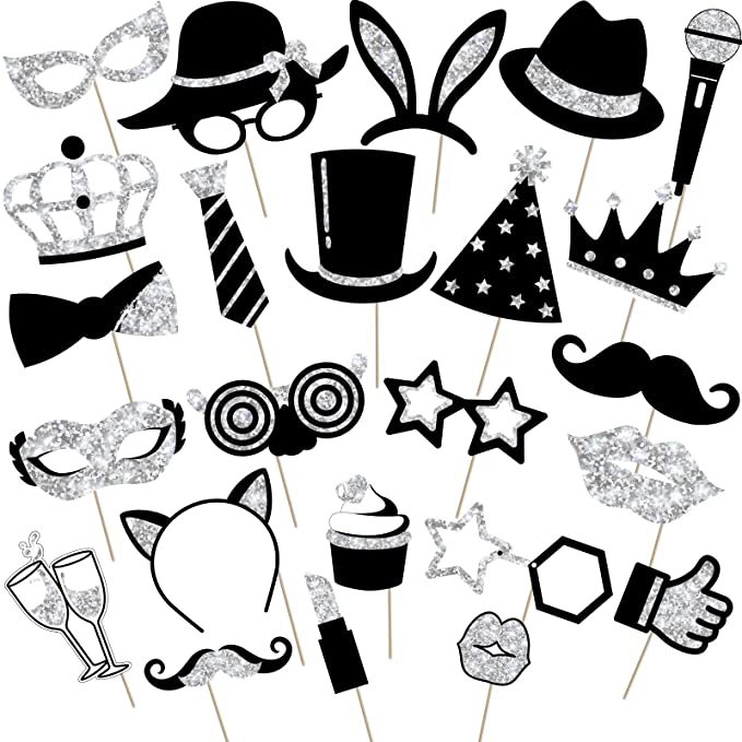 24 Pieces Party Photo Booth Props Mix of Hats, Wine Glass, Lipstick, Tie, Crowns and More for Variety Party Birthday Parties Weddings (Silvery)