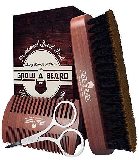 Beard Brush & Comb Set for Men | Giveaway Trimming Mustache Scissors | Premium Cardboard Gift Box | Best Bamboo Grooming Kit to Distribute Oil or Balm for Growth, Styling | Adds Shine & Softness