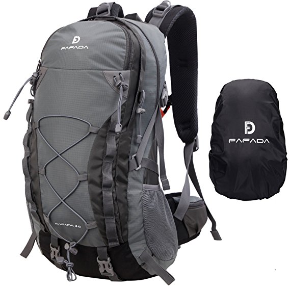 Fafada Rucksack Backpack Dayback with Rain Cover 40L Hiking Travel Camping Bag Pack for Men Women Waterproof Nylon Gray