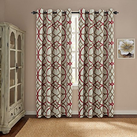 H.Versailtex Thermal Insulated Blackout Window Room Grommet Top Extra Long Curtains-52 inch Width by 108 inch Length-Set of 2 Panels-Taupe and Red Geo Pattern