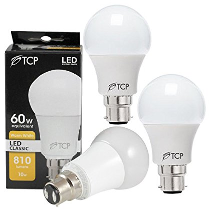 3 Pack TCP 10W B22/BC LED Bulb GLS Bayonet LED Lights, Ultra Bright 810 Lumen, 2700K Warm White, 230° Beam Angle, replaces old 60-70W A60 Globe Bulbs