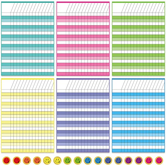 6 Pieces Classroom Charts Laminated Dry Erase Incentive Chart Reward Chores Chart for Learning Classroom School Attendance Homework Progress Tracking Pads with 240 Reward Stickers,21 Rows x 15 Columns