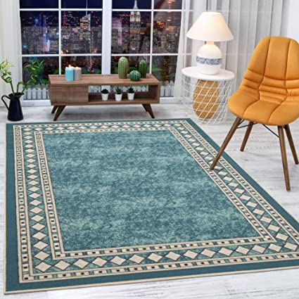 Antep Rugs Alfombras Modern Bordered 8x10 Non-Skid (Non-Slip) Low Profile Pile Rubber Backing Indoor Area Rugs (Blue, 8' x 10')