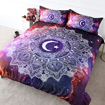 BlessLiving Celestial Mandala Bedding Cosmic Moon and Star Duvet Cover 3 Pieces Purple Nebula Deep Space Bed Set Astrology Gift (Twin)