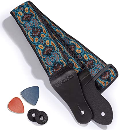 KLIQ Vintage Woven Guitar Strap for Acoustic and Electric Guitars | '60s Jacquard Weave Hootenanny Style | 2 Rubber Strap Locks Included (Turquoise & Coffee Paisley)