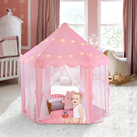 Ejoyous Princess Castle Kids Play Tent, Baby, Toddler, Child, Girls Indoor And Outdoor Play House With Star LED Lights, Large, Pink