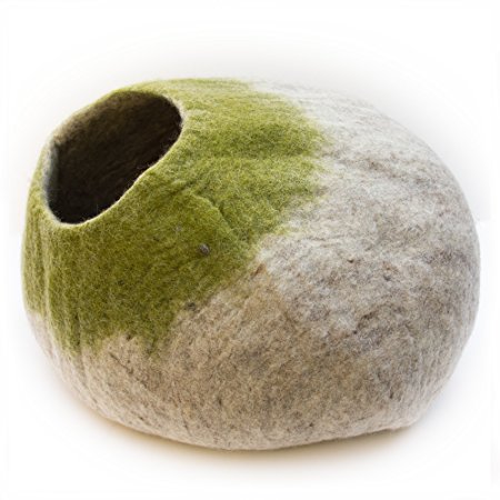 Kittycentric Cozy Cat Cave Bed - Handmade 100% Wool (Light Tan/Green)