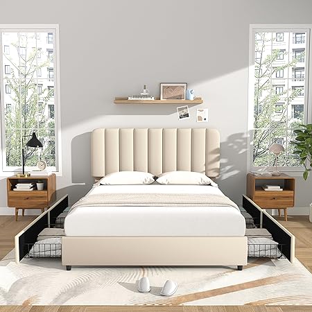 VECELO Full Size Upholstered Bed Frame with 4 Drawers and Adjustable Headboard, Velvet Platform Storage Bedframe Mattress Foundation, Wooden Slats Support, No Box Spring Needed, Beige