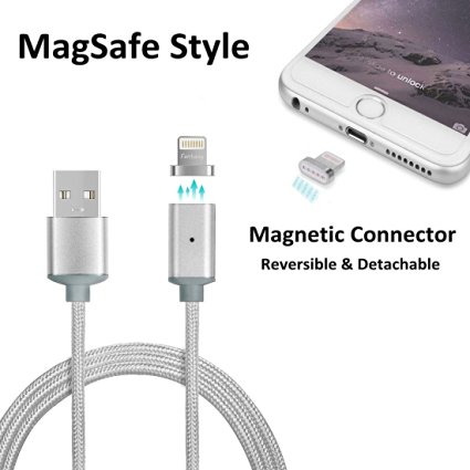 Fantany Reversible Magnetic iPhone Lightning to USB Charger Braided Cable, Fast Charging and Data Sync Cord with LED Indicator Charging Adapter for Apple 8 Pin Lightning Device 3 Ft Silver
