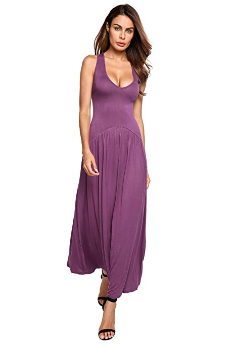 Beyove Women's V-Neck Stretchy Loose Fit Tank Racerback Pleated Casual Sexy Maxi Dress